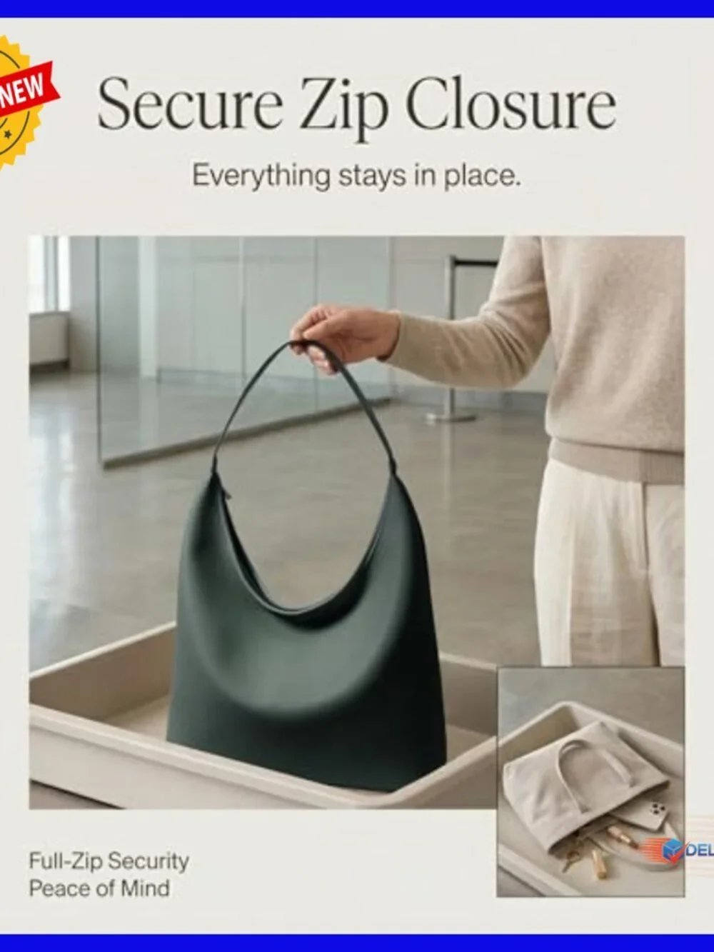 Large Vegan Leather Hobo Tote with Full Zip and Center Divider